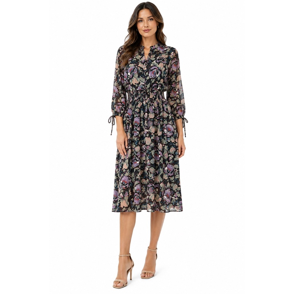 Bleeker Street Vintage Floral Midi Dress Black Purple Womens 14 Smocked Boho